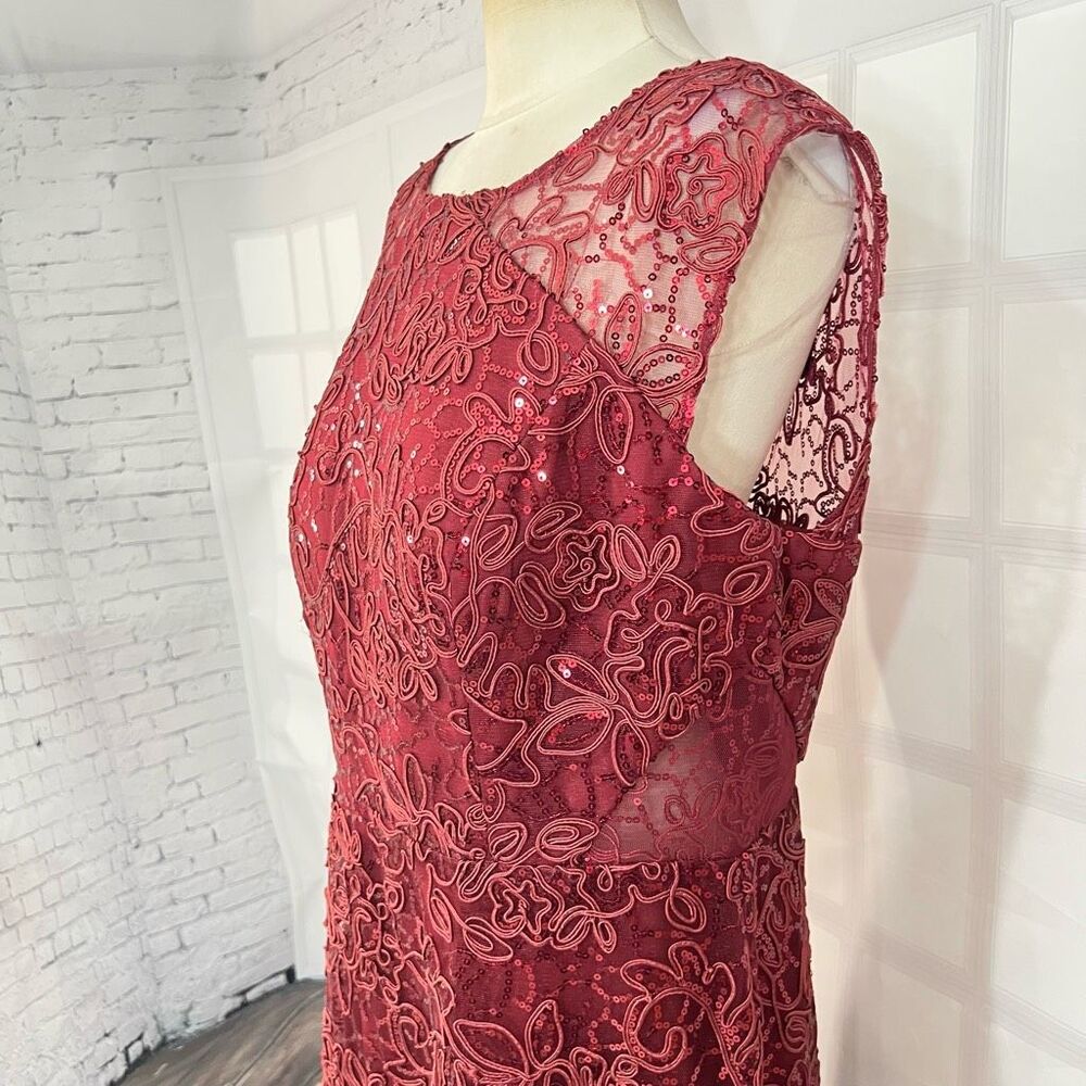 Slny sleeveless maroon red embroidered sequined lace gown size 16 - Picture 4 of 11